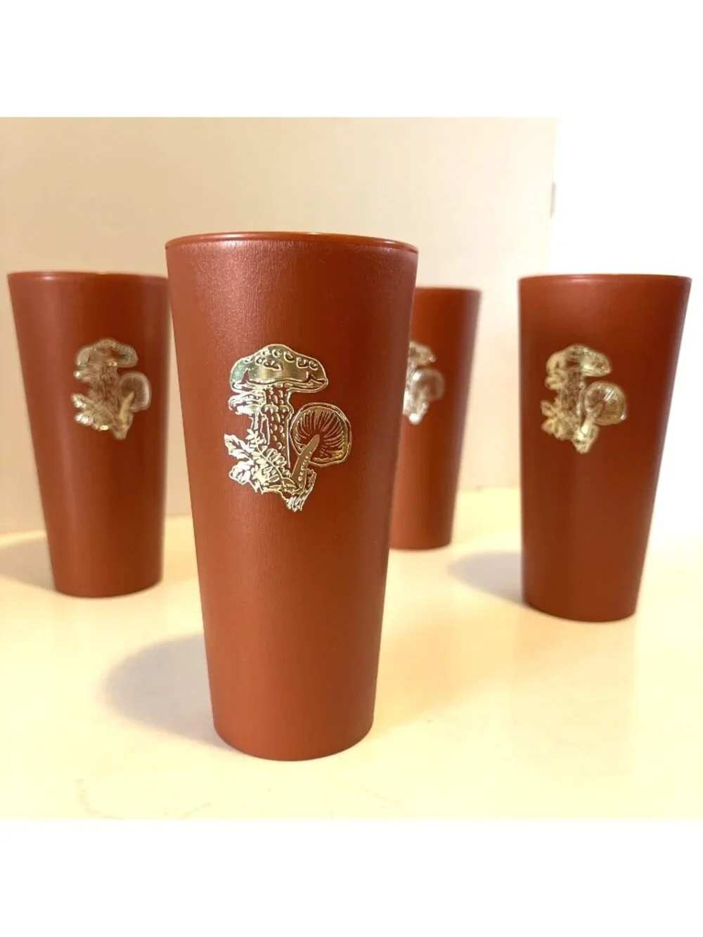 Vintage 70s Boho Mushroom Plastic Tumblers Set 4 Retro Burnt Orange Cottagecore